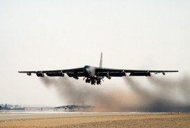 A B-52G Stratofortress bomber aircraft of the 1708th Bomb Wing takes off on a mission during Operation Desert Storm.